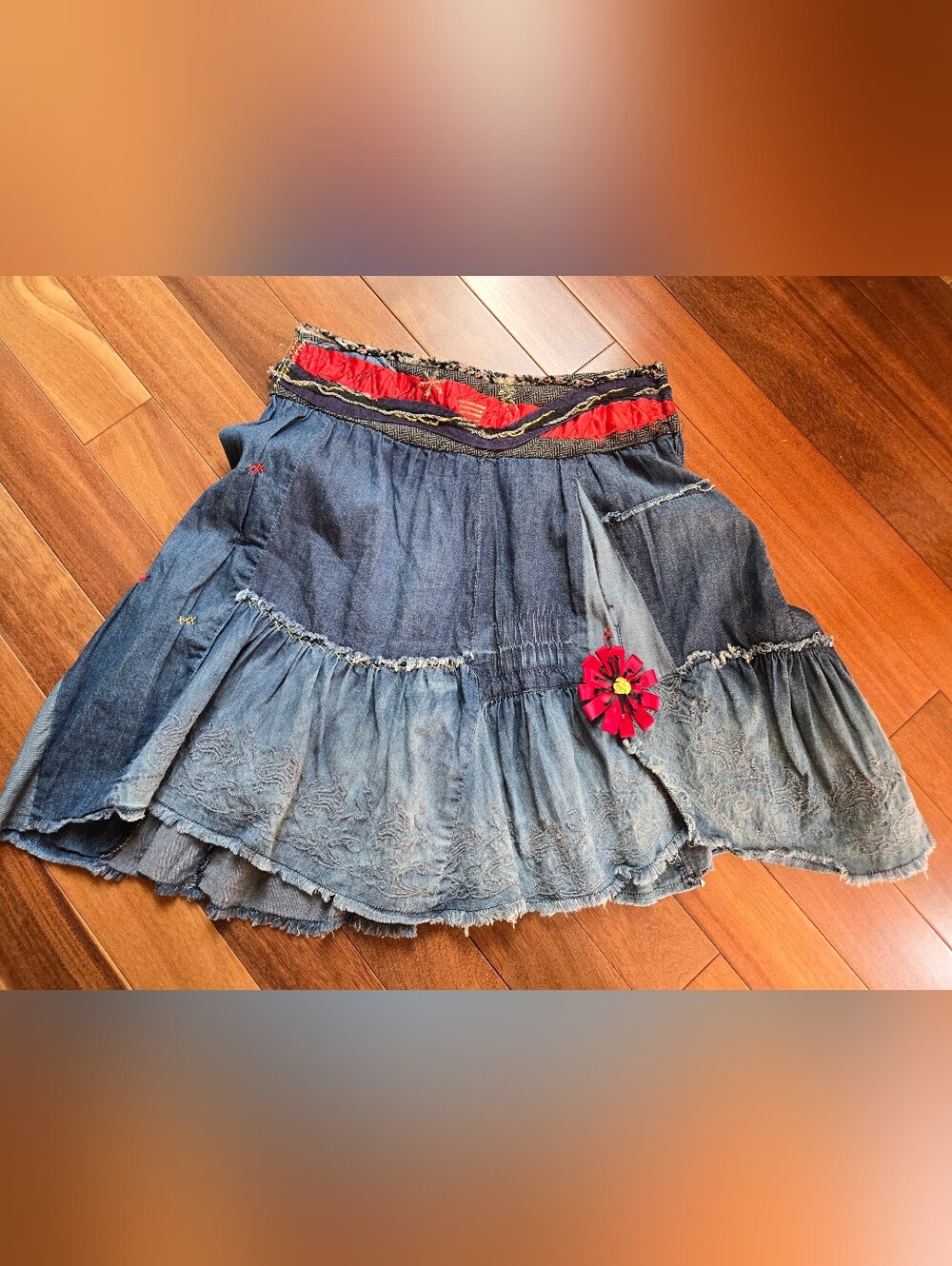 Desigual Blue Denim Skirt with Red Flower Accent